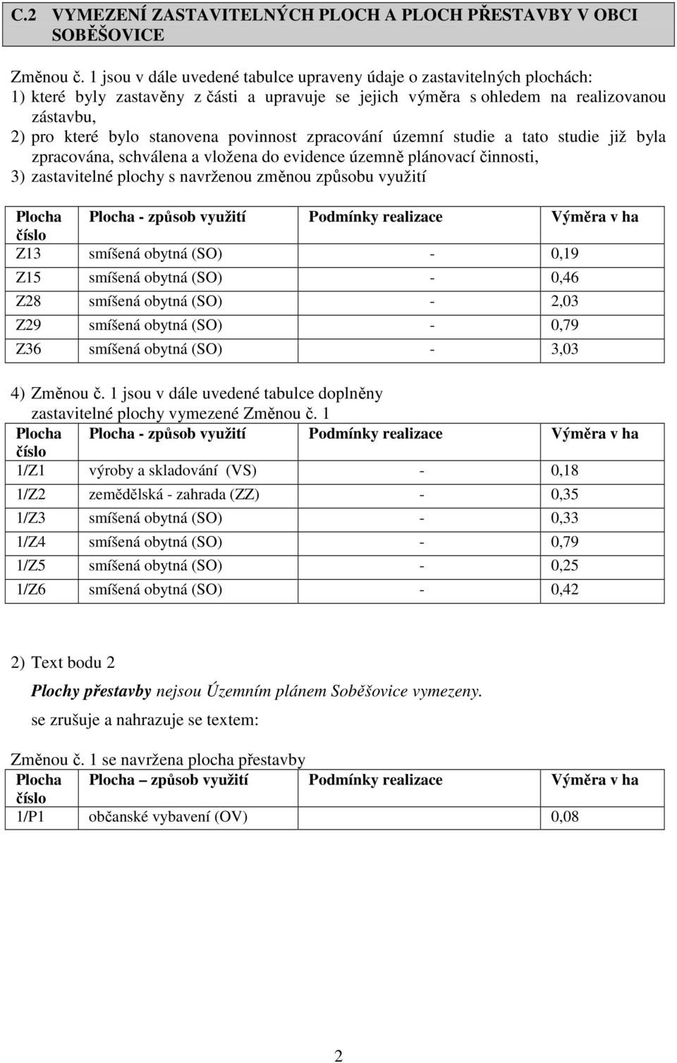 povinnost zpracování územní studie a tato studie již byla zpracována, schválena a vložena do evidence územně plánovací činnosti, 3) zastavitelné plochy s navrženou změnou způsobu využití Plocha