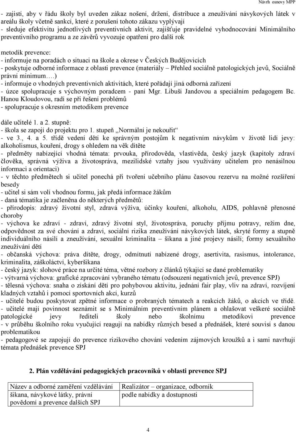 situaci na škole a okrese v Českých Budějovicích - poskytuje odborné informace z oblasti prevence (materiály Přehled sociálně patologických jevů, Sociálně právní minimum.