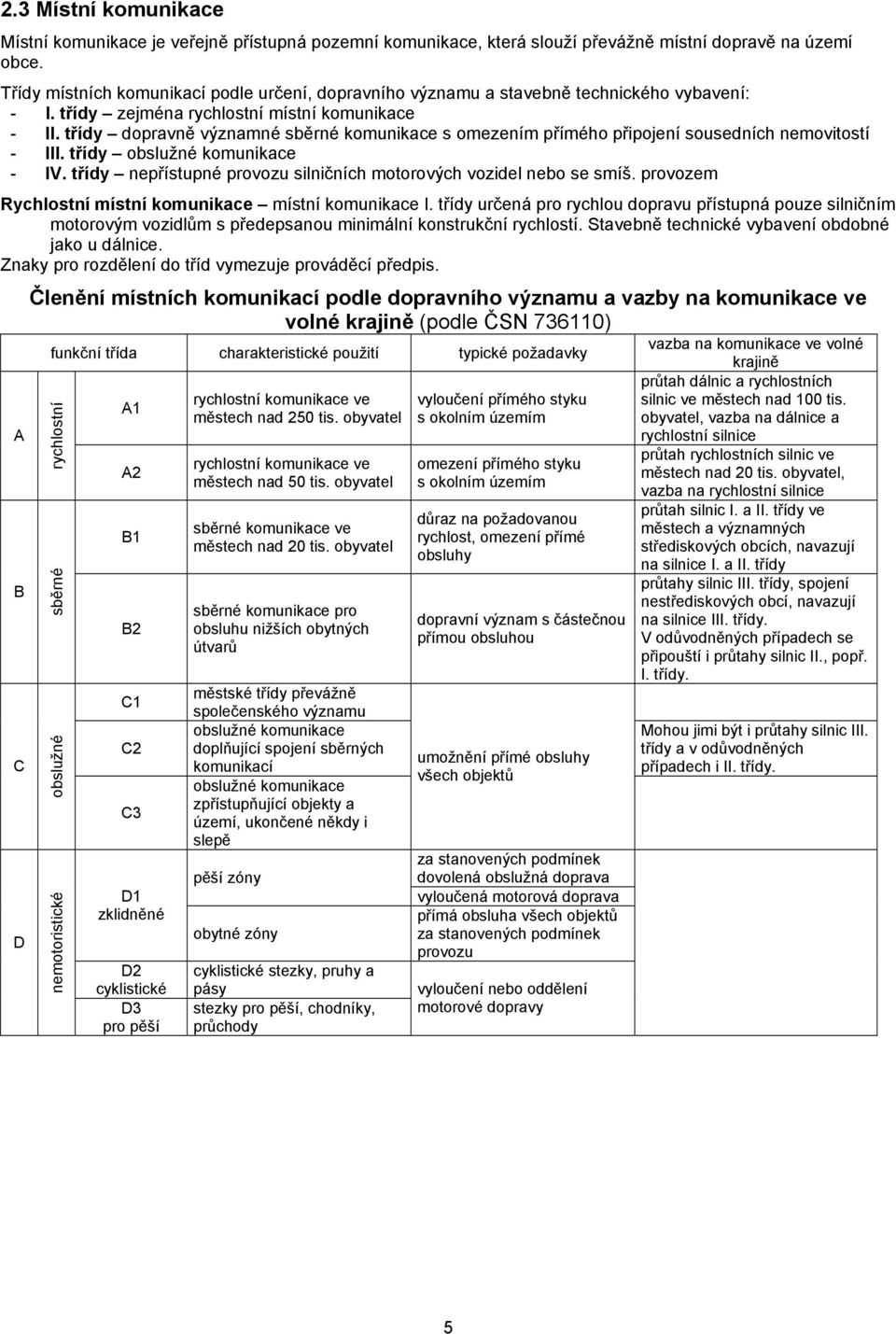 třídy dopravně významné sběrné komunikace s omezením přímého připojení sousedních nemovitostí - III. třídy obslužné komunikace - IV.