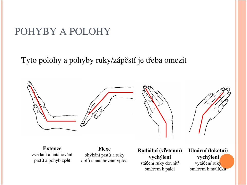 ruky dolů a natahování vpřed Radiální (vřetenní) vychýlení stáčení ruky