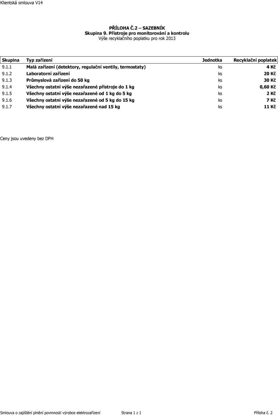 1.4 Všechny ostatní výše nezařazené přístroje do 1 kg ks 0,60 Kč 9.1.5 Všechny ostatní výše nezařazené od 1 kg do 5 kg ks 2 Kč 9.