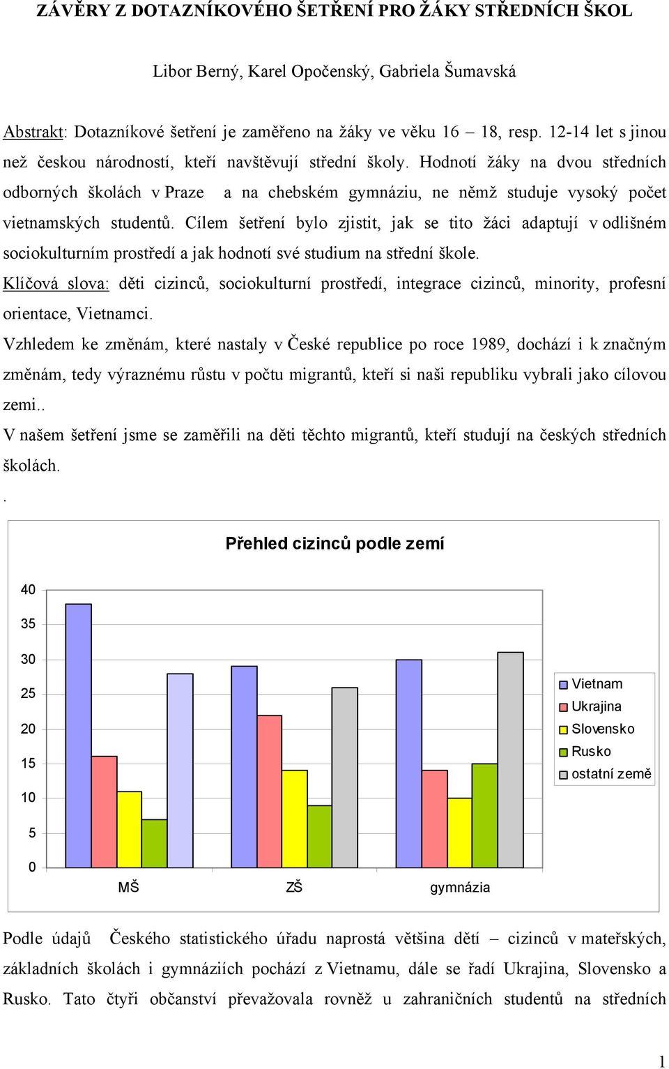 Hodnotí žáky na dvou středních odborných školách v Praze a na chebském gymnáziu, ne němž studuje vysoký počet vietnamských studentů.