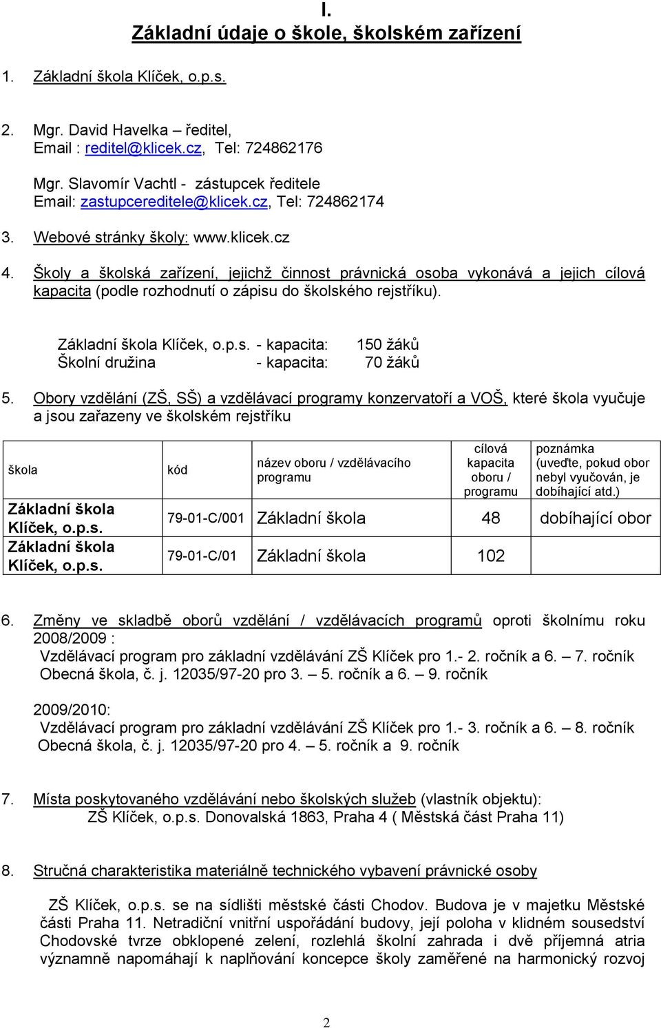 Školy a školská zařízení, jejichž činnost právnická osoba vykonává a jejich cílová kapacita (podle rozhodnutí o zápisu do školského rejstříku). Základní Klíček, o.p.s. - kapacita: 150 žáků Školní družina - kapacita: 70 žáků 5.