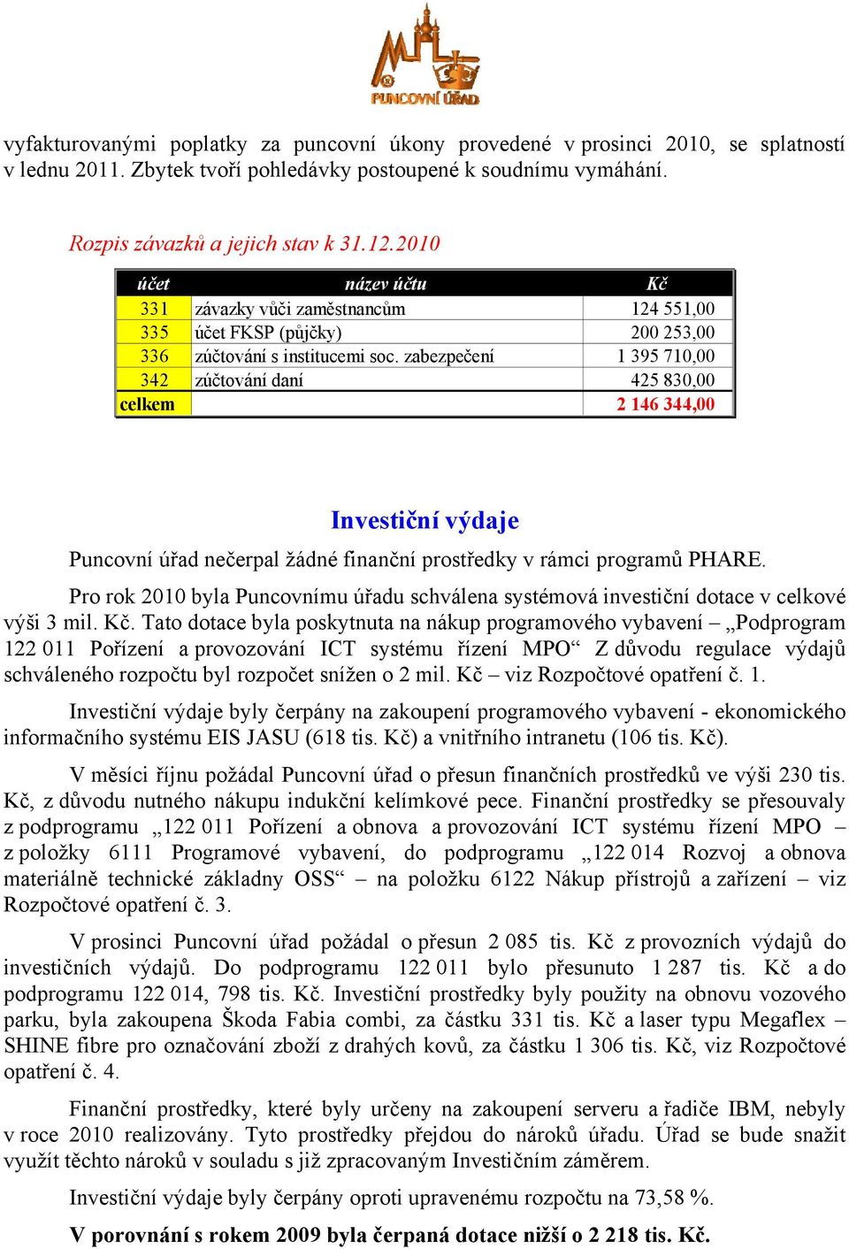 zabezpečení 1 395 710,00 342 zúčtování daní 425 830,00 celkem 2 146 344,00 Investiční výdaje Puncovní úřad nečerpal žádné finanční prostředky v rámci programů PHARE.
