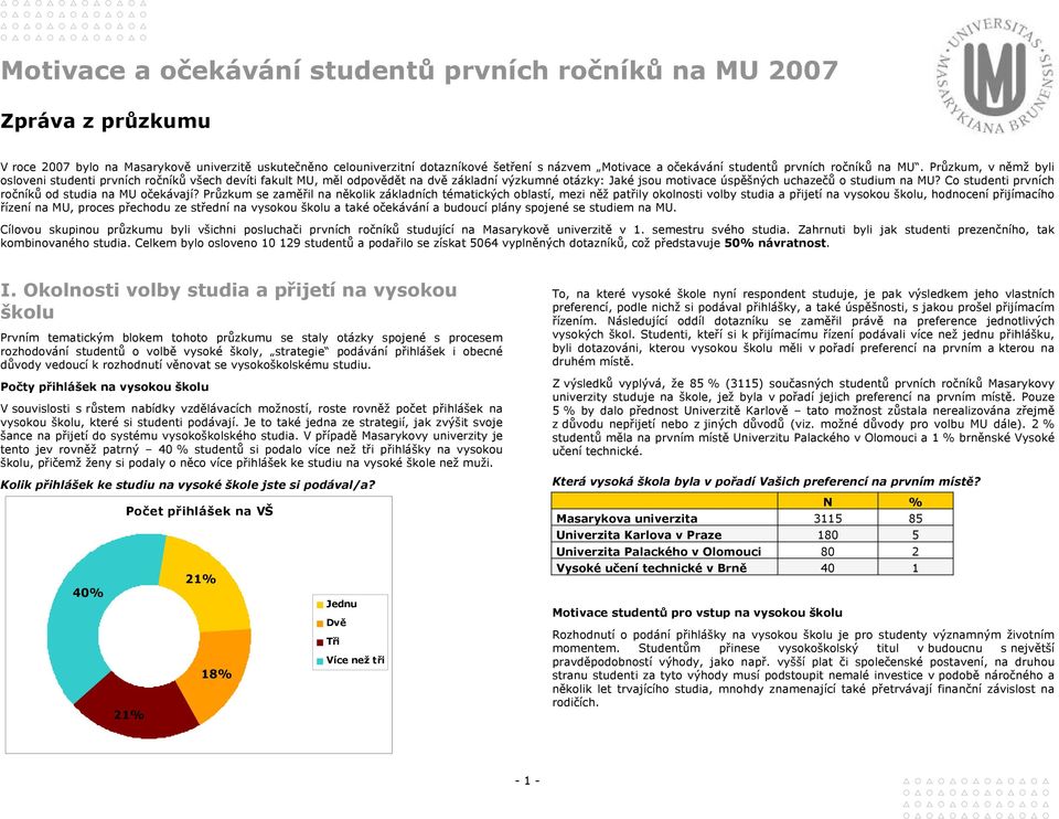 Průzkum, v němž byli osloveni studenti prvních ročníků všech devíti fakult MU, měl odpovědět na dvě základní výzkumné otázky: Jaké jsou motivace úspěšných uchazečů o studium na MU?