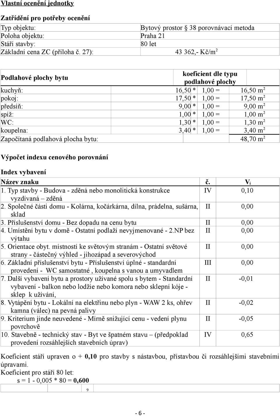 1,00 m 2 WC: 1,30 * 1,00 = 1,30 m 2 koupelna: 3,40 * 1,00 = 3,40 m 2 Započítaná podlahová plocha bytu: 48,70 m 2 Výpočet indexu cenového porovnání Index vybavení Název znaku č. V i 1.