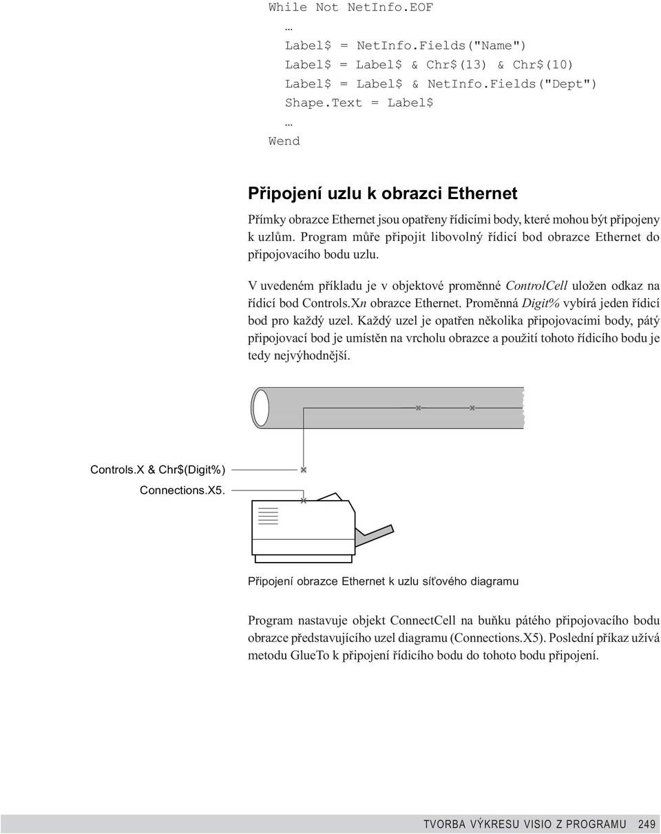 Program mùøe pøipojit libovolný øídicí bod obrazce Ethernet do pøipojovacího bodu uzlu. V uvedeném pøíkladu je v objektové promìnné ControlCell uložen odkaz na øídicí bod Controls.Xn obrazce Ethernet.