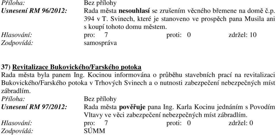 Hlasování: pro: 7 proti: 0 zdržel: 10 samospráva 37) Revitalizace Bukovického/Farského potoka Rada města byla panem Ing.