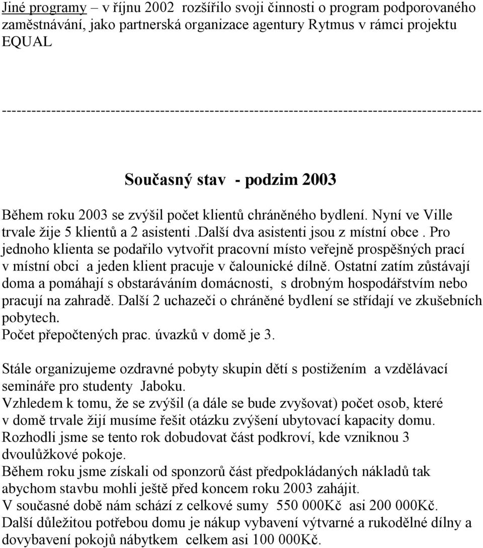 Nyní ve Ville trvale žije 5 klientů a 2 asistenti.další dva asistenti jsou z místní obce.