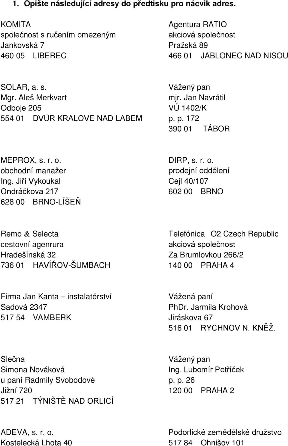 Jan Navrátil Odboje 205 VÚ 1402/K 554 01 DVŮR KRALOVE NAD LABEM p. p. 172 390 01 TÁBOR MEPROX, s. r. o. DIRP, s. r. o. obchodní manažer prodejní oddělení Ing.