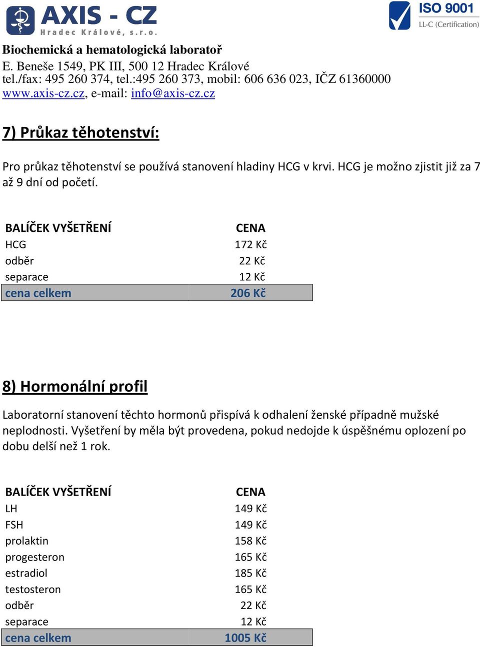 HCG 172 Kč 206 Kč 8) Hormonální profil Laboratorní stanovení těchto hormonů přispívá k odhalení ženské případně