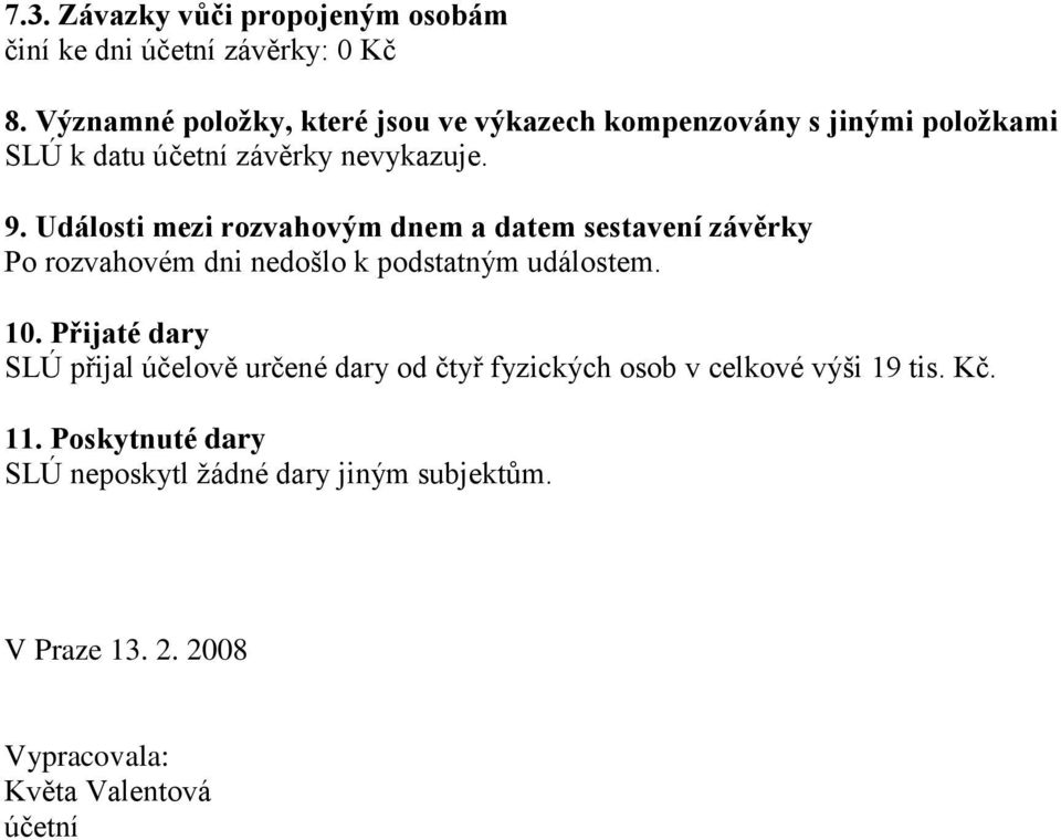 Události mezi rozvahovým dnem a datem sestavení závěrky Po rozvahovém dni nedošlo k podstatným událostem. 10.