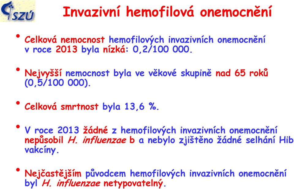 Celková smrtnost byla 13,6 %. V roce 2013 žádné z hemofilových invazivních onemocnění nepůsobil H.