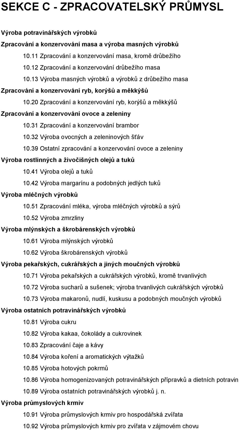 20 Zpracování a konzervování ryb, korýšů a měkkýšů Zpracování a konzervování ovoce a zeleniny 10.31 Zpracování a konzervování brambor 10.32 Výroba ovocných a zeleninových šťáv 10.