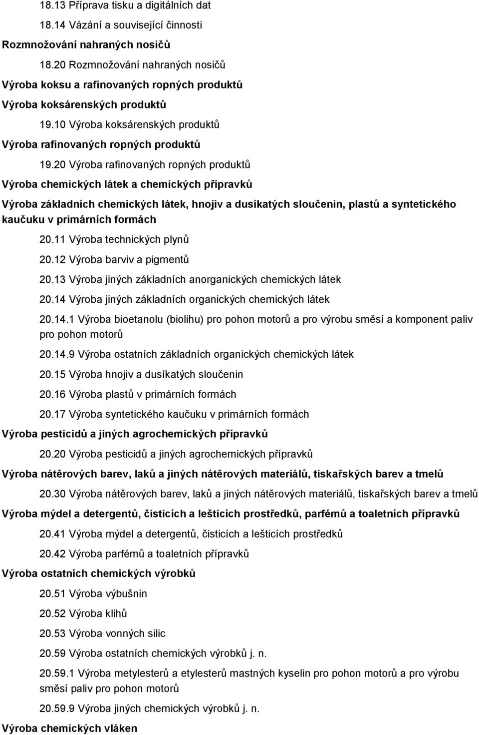 20 Výroba rafinovaných ropných produktů Výroba chemických látek a chemických přípravků Výroba základních chemických látek, hnojiv a dusíkatých sloučenin, plastů a syntetického kaučuku v primárních