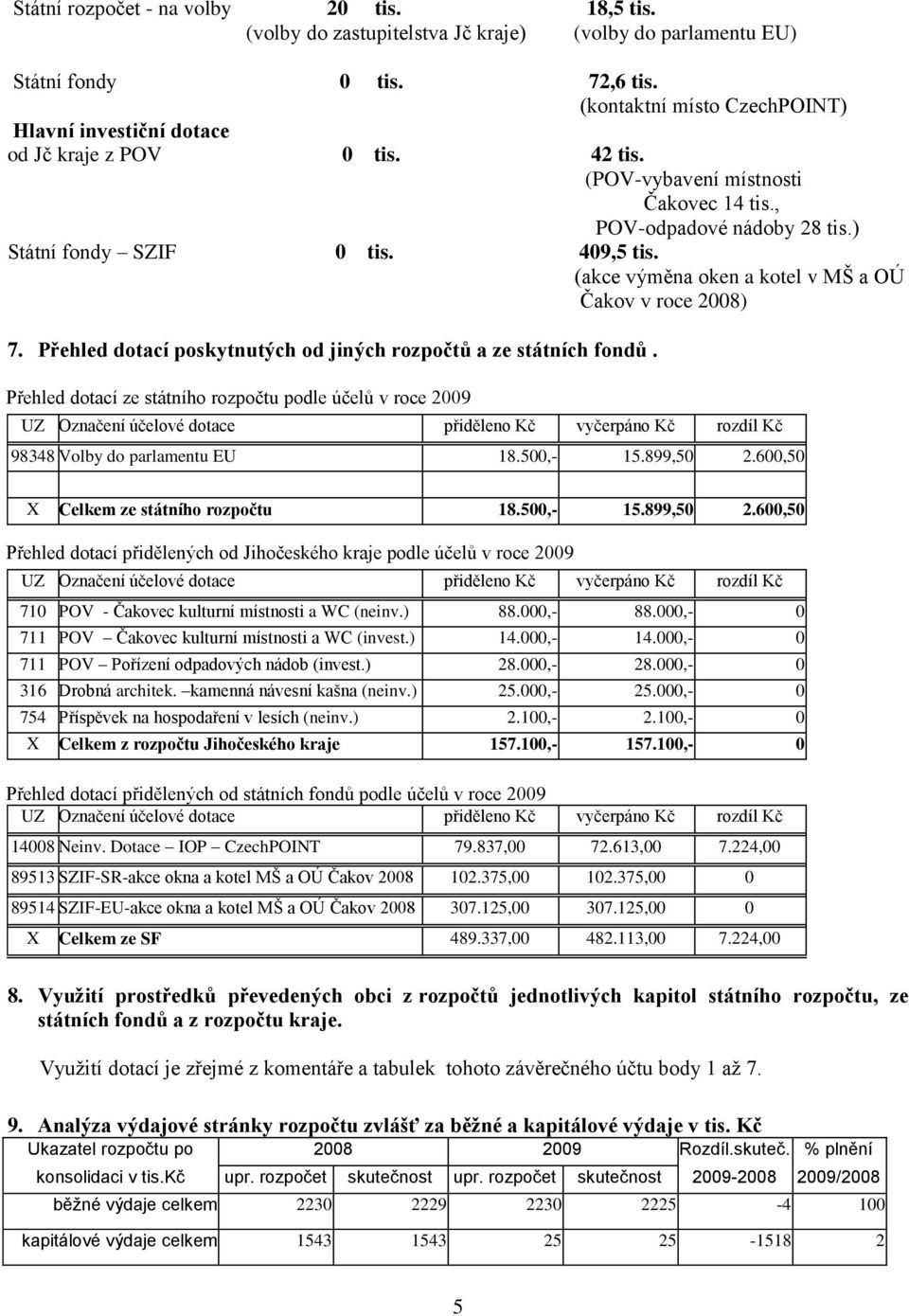 (akce výměna oken a kotel v MŠ a OÚ Čakov v roce 2008) 7. Přehled dotací poskytnutých od jiných rozpočtů a ze státních fondů.