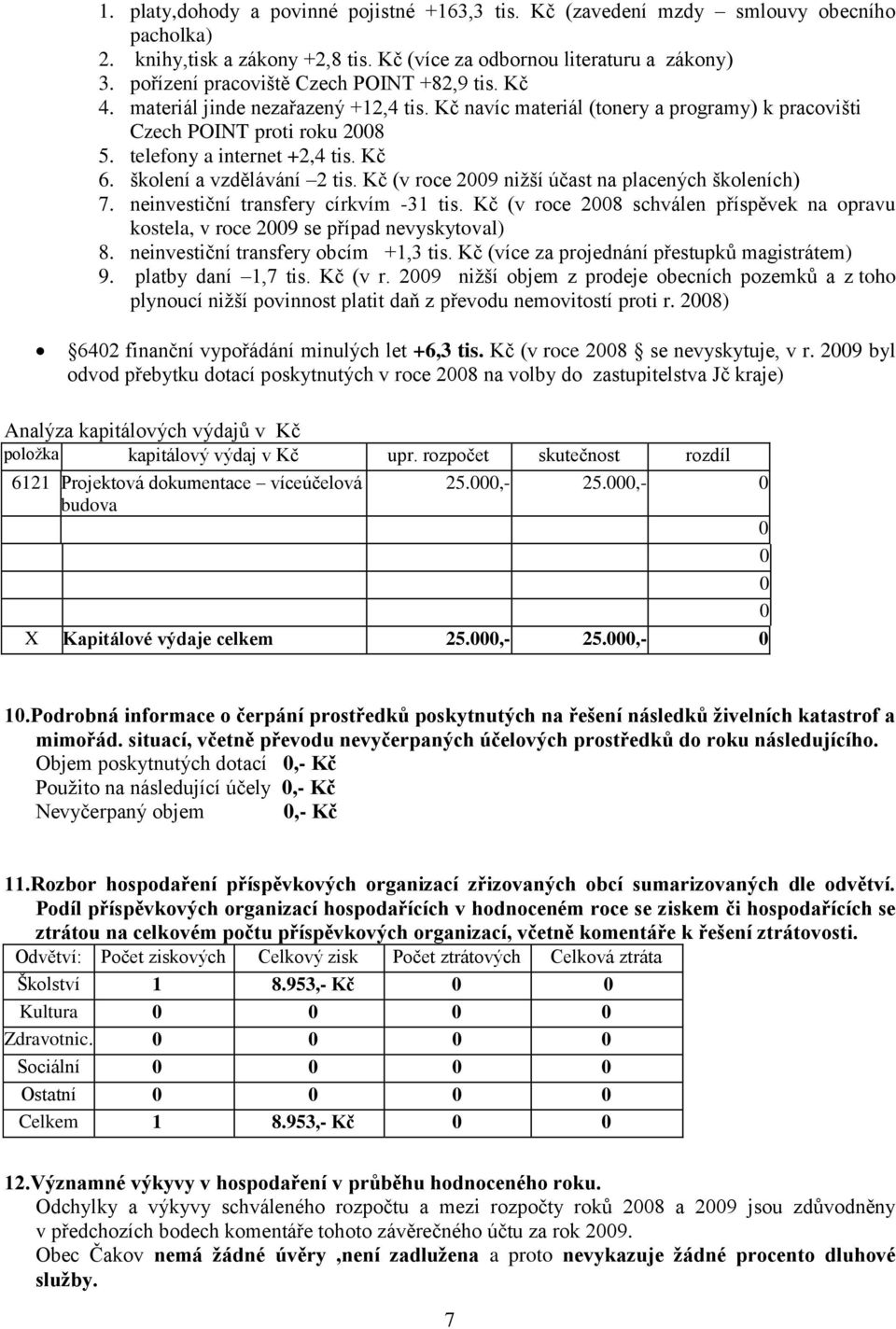 Kč 6. školení a vzdělávání 2 tis. Kč (v roce 2009 nižší účast na placených školeních) 7. neinvestiční transfery církvím -31 tis.