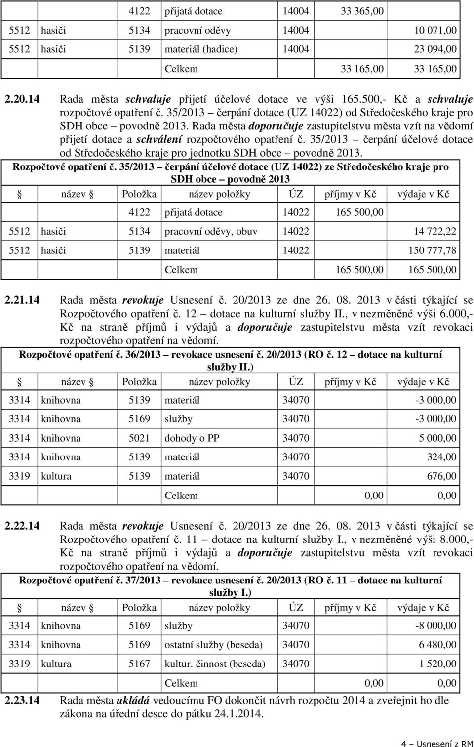 Rada města doporučuje zastupitelstvu města vzít na vědomí přijetí dotace a schválení rozpočtového opatření č. 35/2013 čerpání účelové dotace od Středočeského kraje pro jednotku SDH obce povodně 2013.