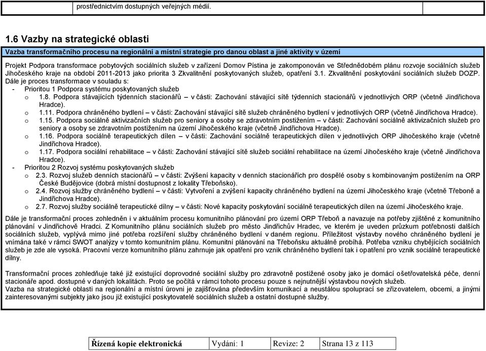 zařízení Domov Pístina je zakomponován ve Střednědobém plánu rozvoje sociálních služeb Jihočeského kraje na období 2011-2013 jako priorita 3 Zkvalitnění poskytovaných služeb, opatření 3.1. Zkvalitnění poskytování sociálních služeb DOZP.