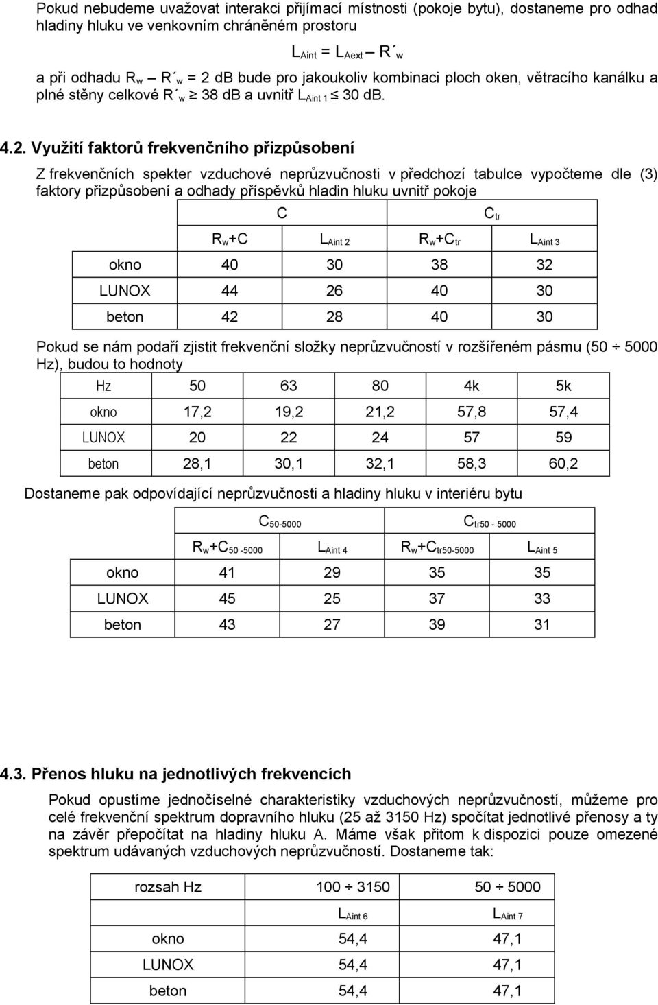 Využití faktorů frekvenčního přizpůsobení Z frekvenčních spekter vzduchové neprůzvučnosti v předchozí tabulce vypočteme dle (3) faktory přizpůsobení a odhady příspěvků hladin hluku uvnitř pokoje C R