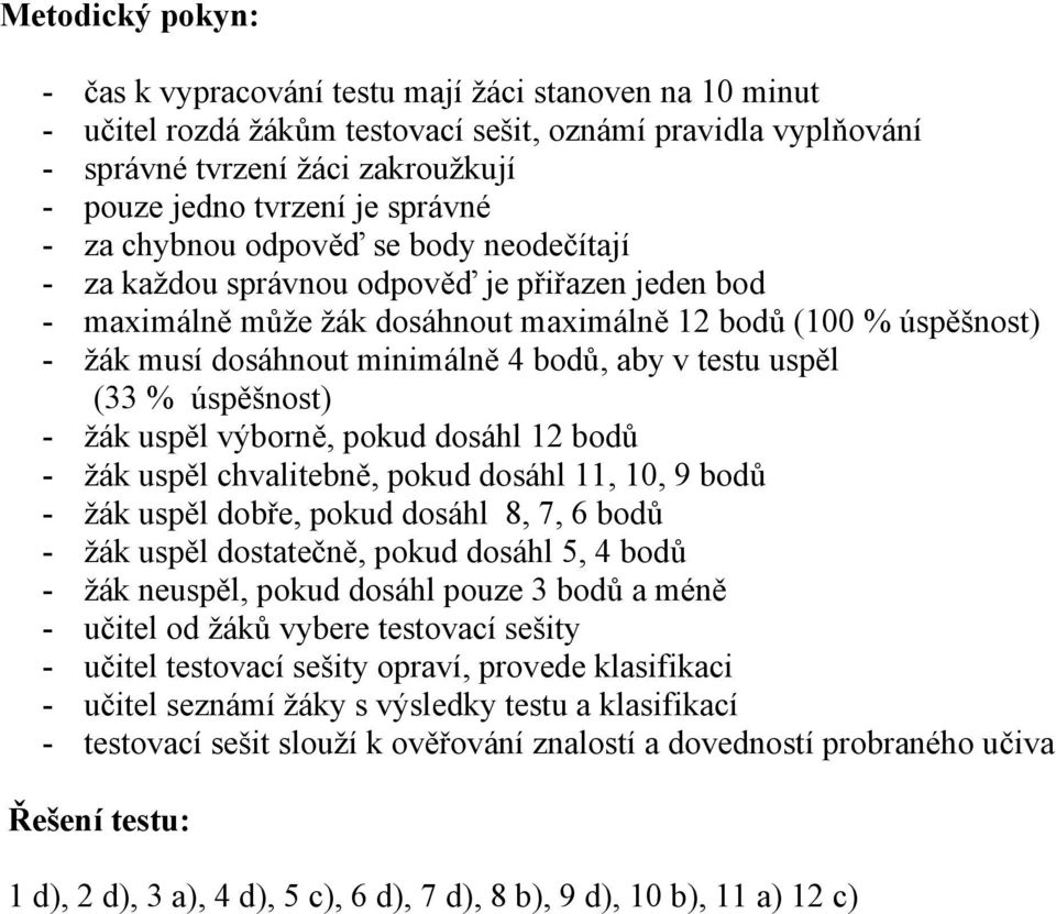 bodů, aby v testu uspěl (33 % úspěšnost) - žák uspěl výborně, pokud dosáhl 12 bodů - žák uspěl chvalitebně, pokud dosáhl 11, 10, 9 bodů - žák uspěl dobře, pokud dosáhl 8, 7, 6 bodů - žák uspěl