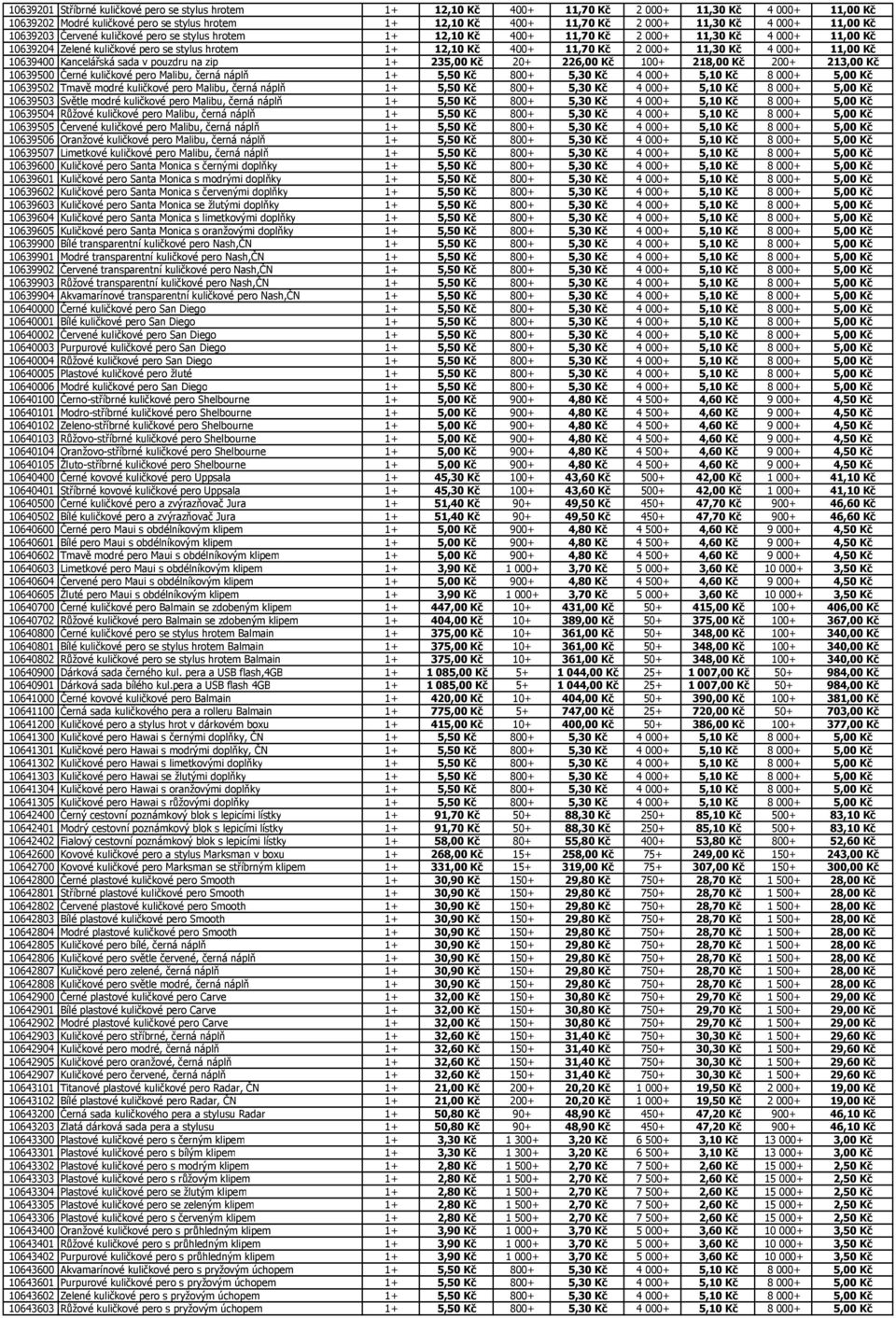 000+ 11,30 Kč 4 000+ 11,00 Kč 10639400 Kancelářská sada v pouzdru na zip 1+ 235,00 Kč 20+ 226,00 Kč 100+ 218,00 Kč 200+ 213,00 Kč 10639500 Černé kuličkové pero Malibu, černá náplň 1+ 5,50 Kč 800+