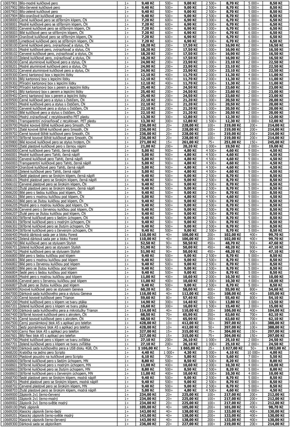 pero se stříbrným klipem, ČN 1+ 7,20 Kč 600+ 6,90 Kč 3 000+ 6,70 Kč 6 000+ 6,50 Kč 10658001 Modré kuličkové pero se stříbrným klipem, ČN 1+ 7,20 Kč 600+ 6,90 Kč 3 000+ 6,70 Kč 6 000+ 6,50 Kč 10658002