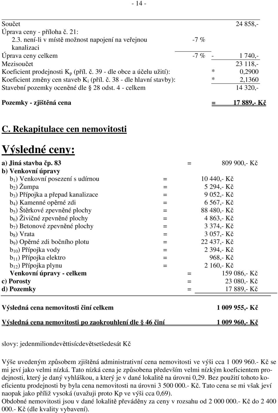 38 - dle hlavní stavby): * 2,1360 Stavební pozemky oceněné dle 28 odst. 4 - celkem 14 320,- Pozemky - zjištěná cena = 17 889,- Kč C. Rekapitulace cen nemovitosti Výsledné ceny: a) Jiná stavba čp.