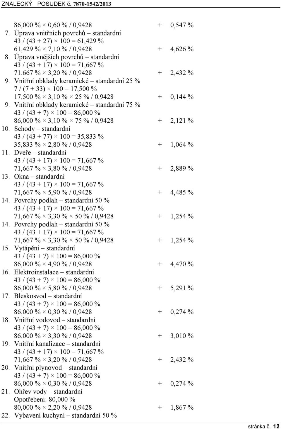 Vnitřní obklady keramické standardní 25 % 7 / (7 + 33) 100 = 17,500 % 17,500 % 3,10 % 25 % / 0,9428 + 0,144 % 9.