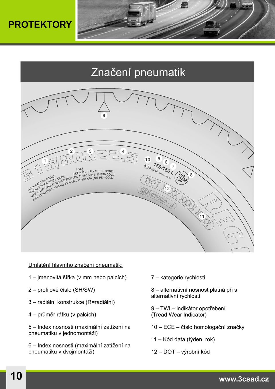 nosnosti (maximální zatížení na pneumatiku v dvojmontáži) 7 kategorie rychlosti 8 alternativní nosnost platná při s alternativní