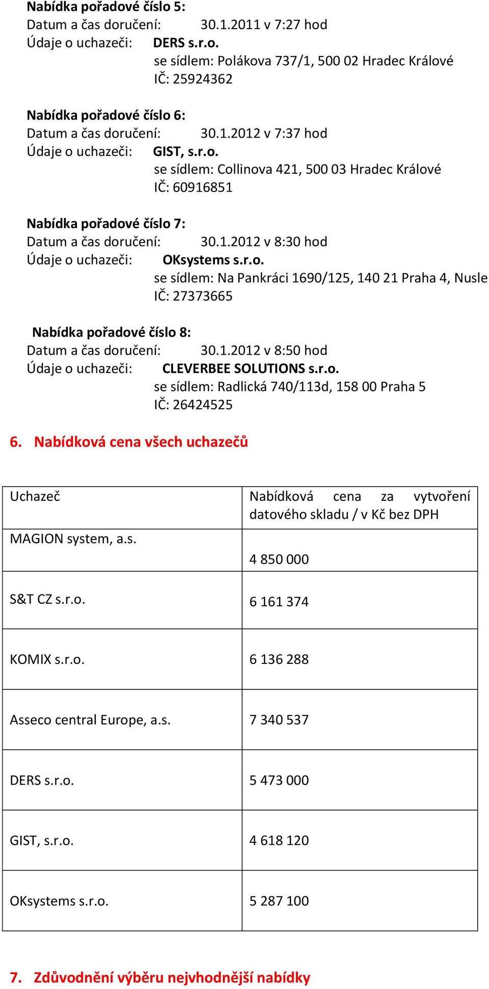 r.o. se sídlem: Na Pankráci 1690/125, 140 21 Praha 4, Nusle IČ: 27373665 Nabídka pořadové číslo 8: Datum a čas doručení: 30.1.2012 v 8:50 hod Údaje o uchazeči: CLEVERBEE SOLUTIONS s.r.o. se sídlem: Radlická 740/113d, 158 00 Praha 5 IČ: 26424525 6.