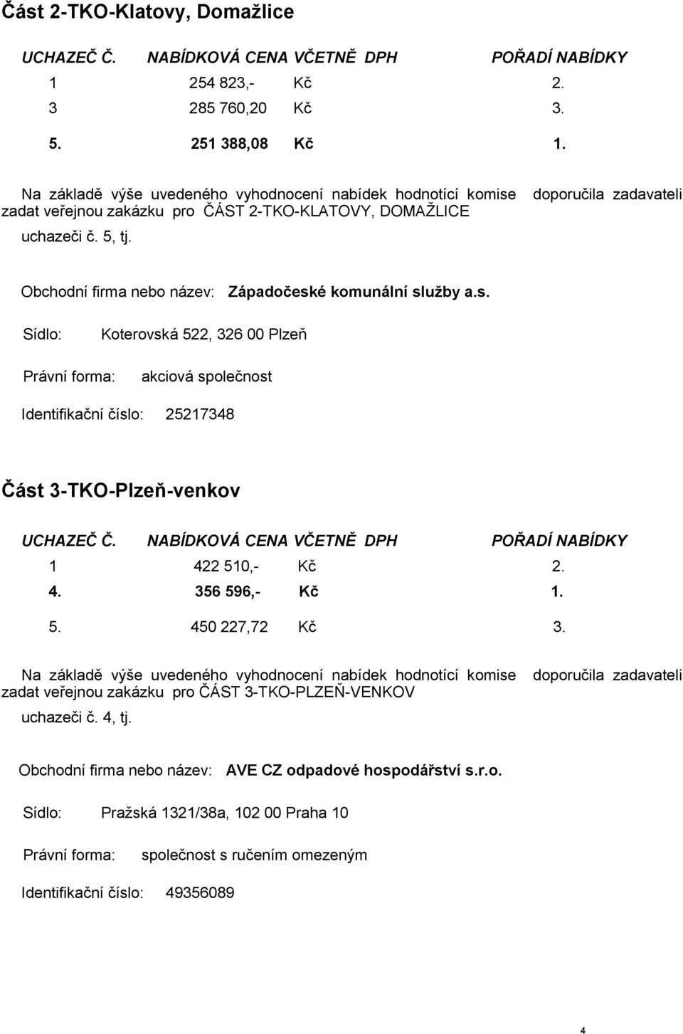 é komunální služby a.s. Sídlo: Koterovská 522, 326 00 Plzeň akciová společnost Identifikační číslo: 25217348 Část 3-TKO-Plzeň-venkov 1 422 510,- Kč 2.