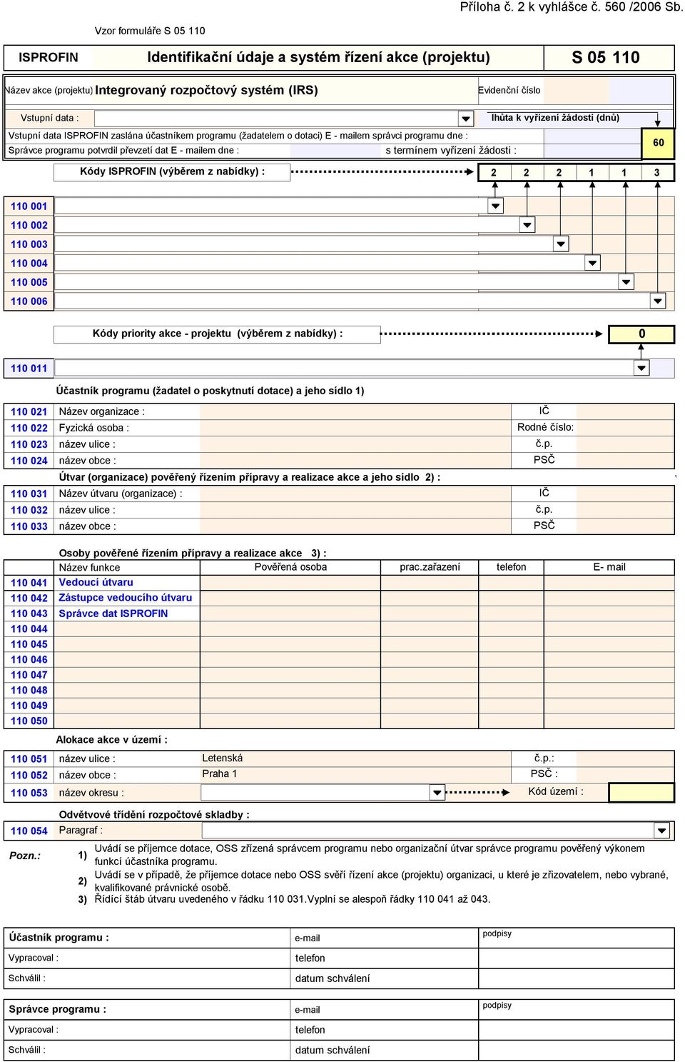 změnu Registračního listu akce (projektu) lhůta k vyřízení žádosti (dnů) Vstupní data ISPROFIN zaslána účastníkem programu (žadatelem o dotaci) E - mailem správci programu dne : Správce programu