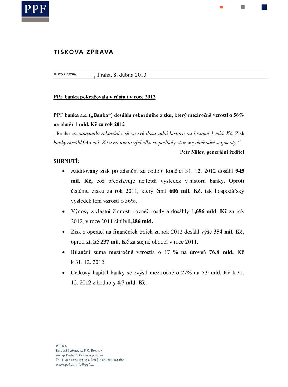 Petr Milev, generální ředitel SHRNUTÍ: Auditovaný zisk po zdanění za období končící 31. 12. 2012 dosáhl 945 mil. Kč, což představuje nejlepší výsledek v historii banky.