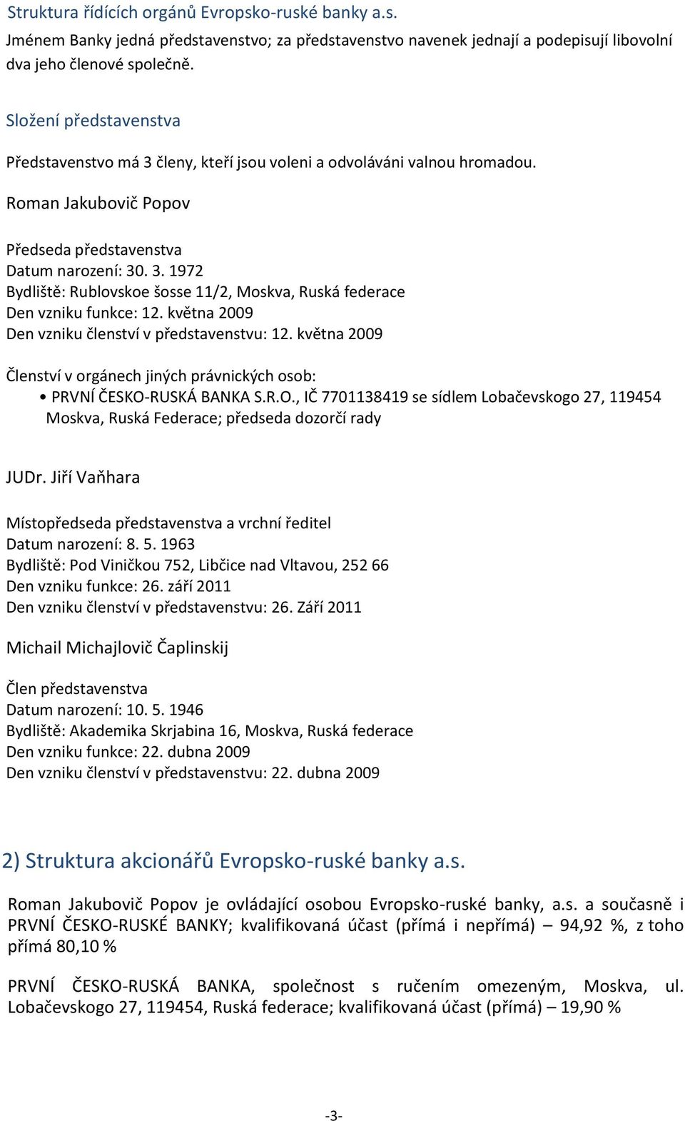 května 2009 Den vzniku členství v představenstvu: 12. května 2009 Členství v orgánech jiných právnických osob: PRVNÍ ČESKO-