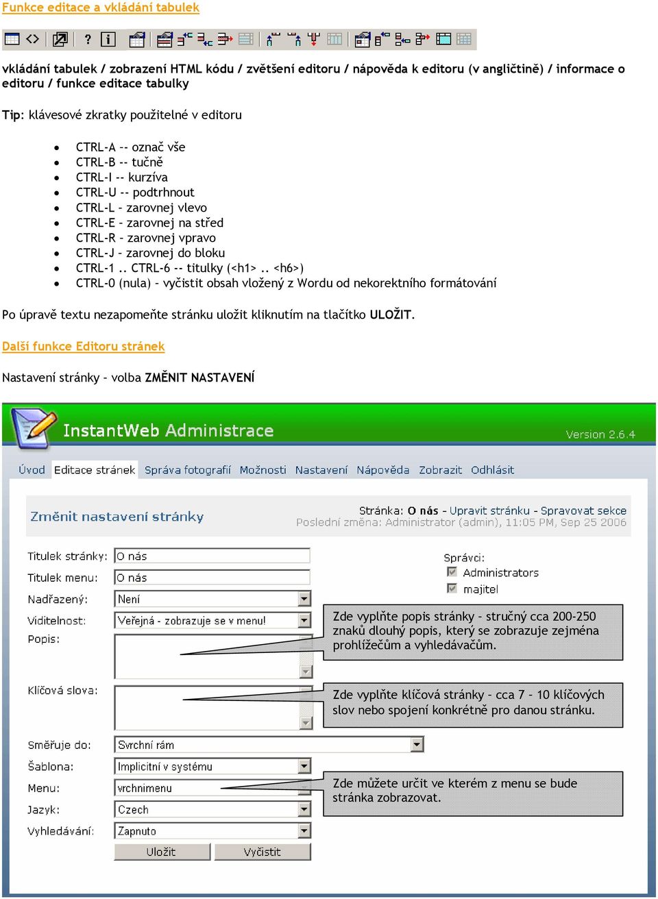 . CTRL-6 -- titulky (<h1>.. <h6>) CTRL-0 (nula) vyčistit obsah vložený z Wordu od nekorektního formátování Po úpravě textu nezapomeňte stránku uložit kliknutím na tlačítko ULOŽIT.