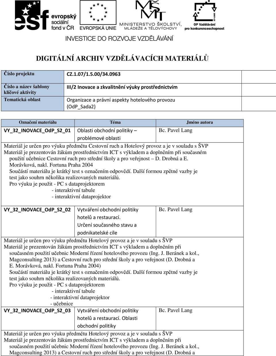 VY_32_INOVACE_OdP_S2_01 Oblasti obchodní politiky problémové oblasti Materiál je určen pro výuku předmětu Cestovní ruch a Hotelový provoz a je v souladu s současném