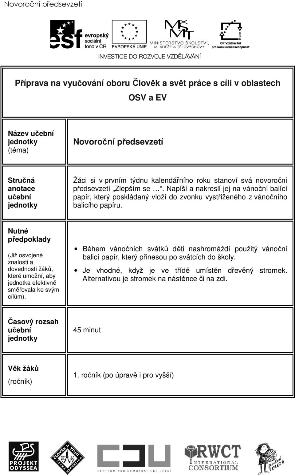 Nutné předpoklady (Již osvojené znalosti a dovednosti žáků, které umožní, aby jednotka efektivně směřovala ke svým cílům).