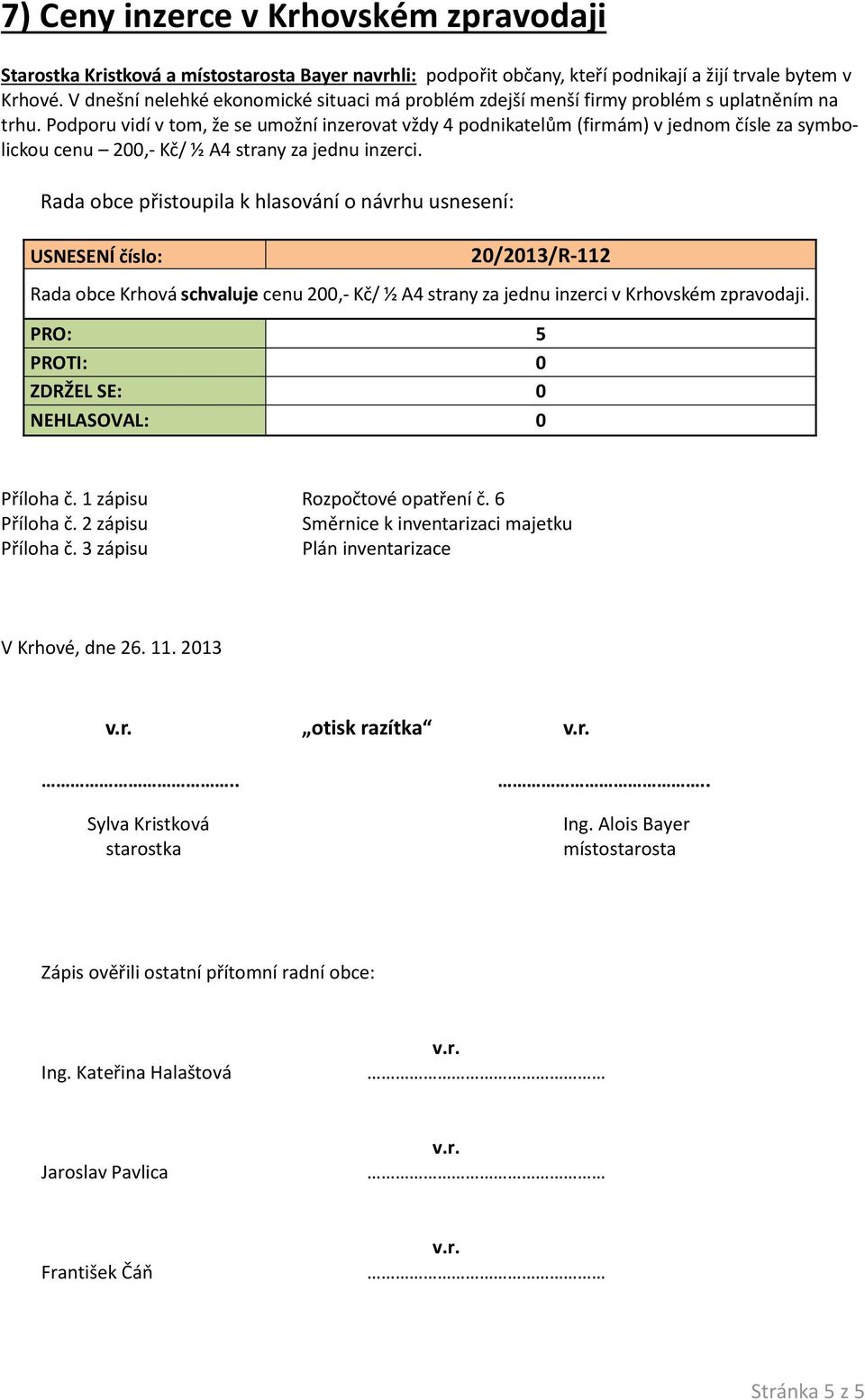 Podporu vidí v tom, že se umožní inzerovat vždy 4 podnikatelům (firmám) v jednom čísle za symbolickou cenu 200,- Kč/ ½ A4 strany za jednu inzerci.