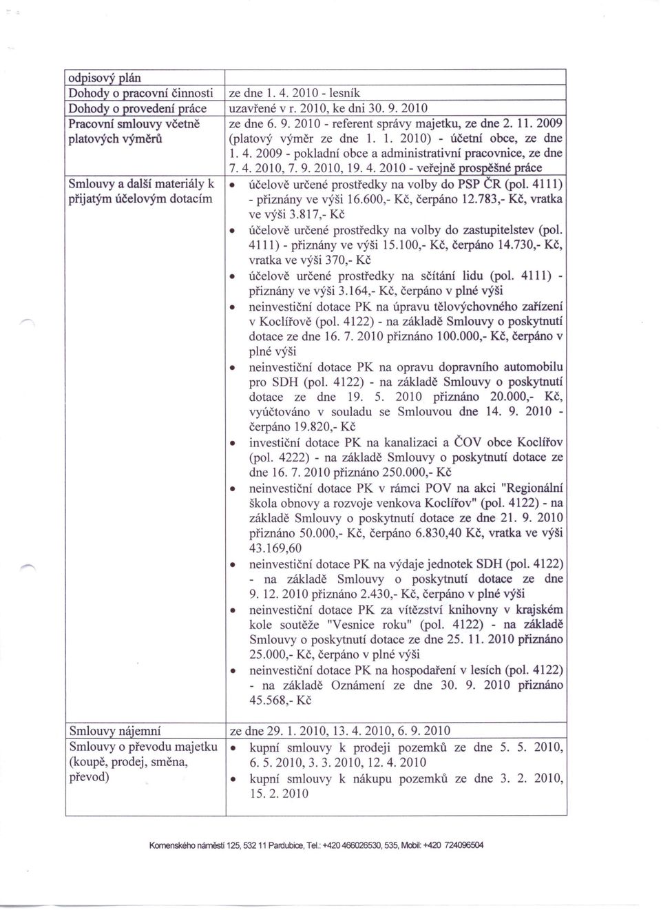 4. 2009 - pokladní obce a administrativní pracovnice, ze dne 7.4.2010, 7. 9.2010, 19.4.2010 - veřeině prospěšné práce účelově určené prostředky na volby do PSP ČR (pal. 4111) - přiznány ve výši 16.