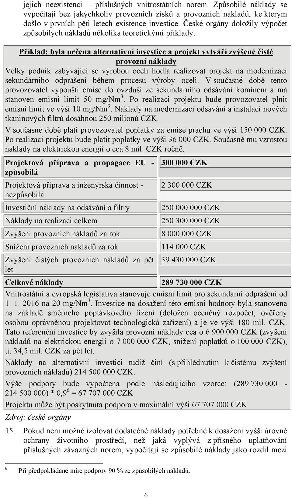 Příklad: byla určena alternativní investice a projekt vytváří zvýšené čisté provozní náklady Velký podnik zabývající se výrobou oceli hodlá realizovat projekt na modernizaci sekundárního odprášení