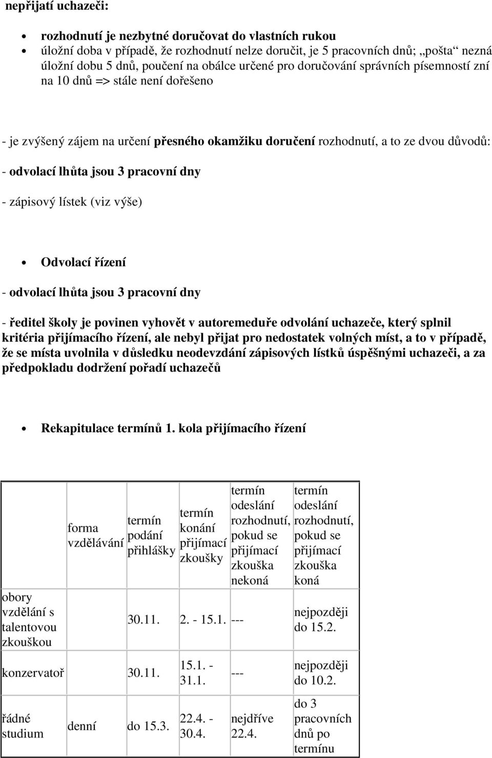 zápisový lístek (viz výše) Odvolací řízení - odvolací lhůta jsou 3 pracovní dny - ředitel školy je povinen vyhovět v autoremeduře odvolání uchazeče, který splnil kritéria ho řízení, ale nebyl přijat