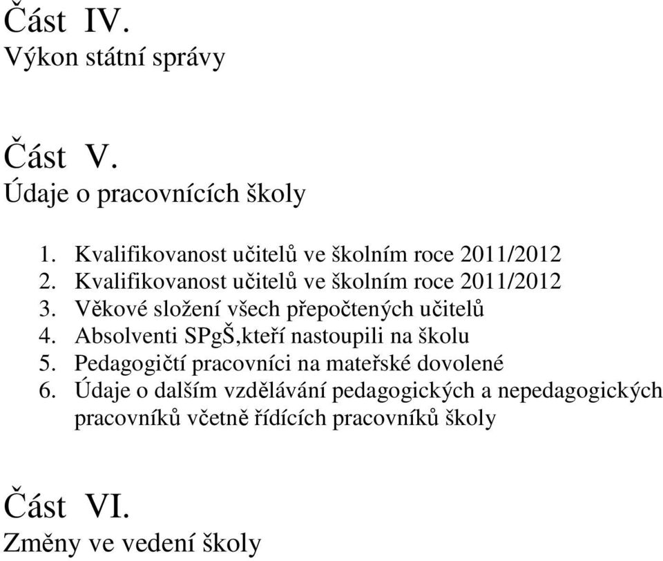 Věkové složení všech přepočtených učitelů 4. Absolventi SPgŠ,kteří nastoupili na školu 5.