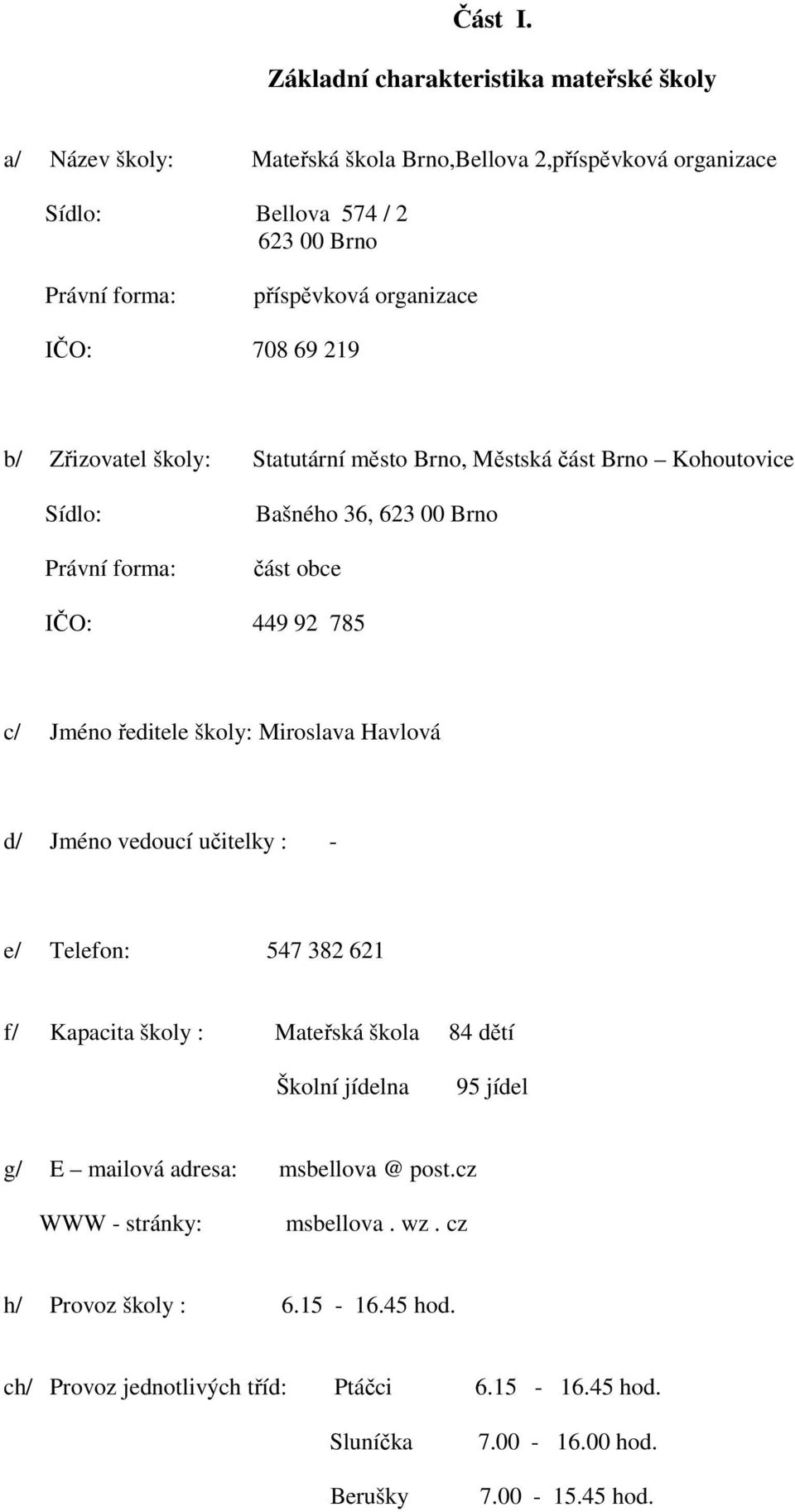 IČO: 708 69 219 b/ Zřizovatel školy: Statutární město Brno, Městská část Brno Kohoutovice Sídlo: Právní forma: Bašného 36, 623 00 Brno část obce IČO: 449 92 785 c/ Jméno ředitele