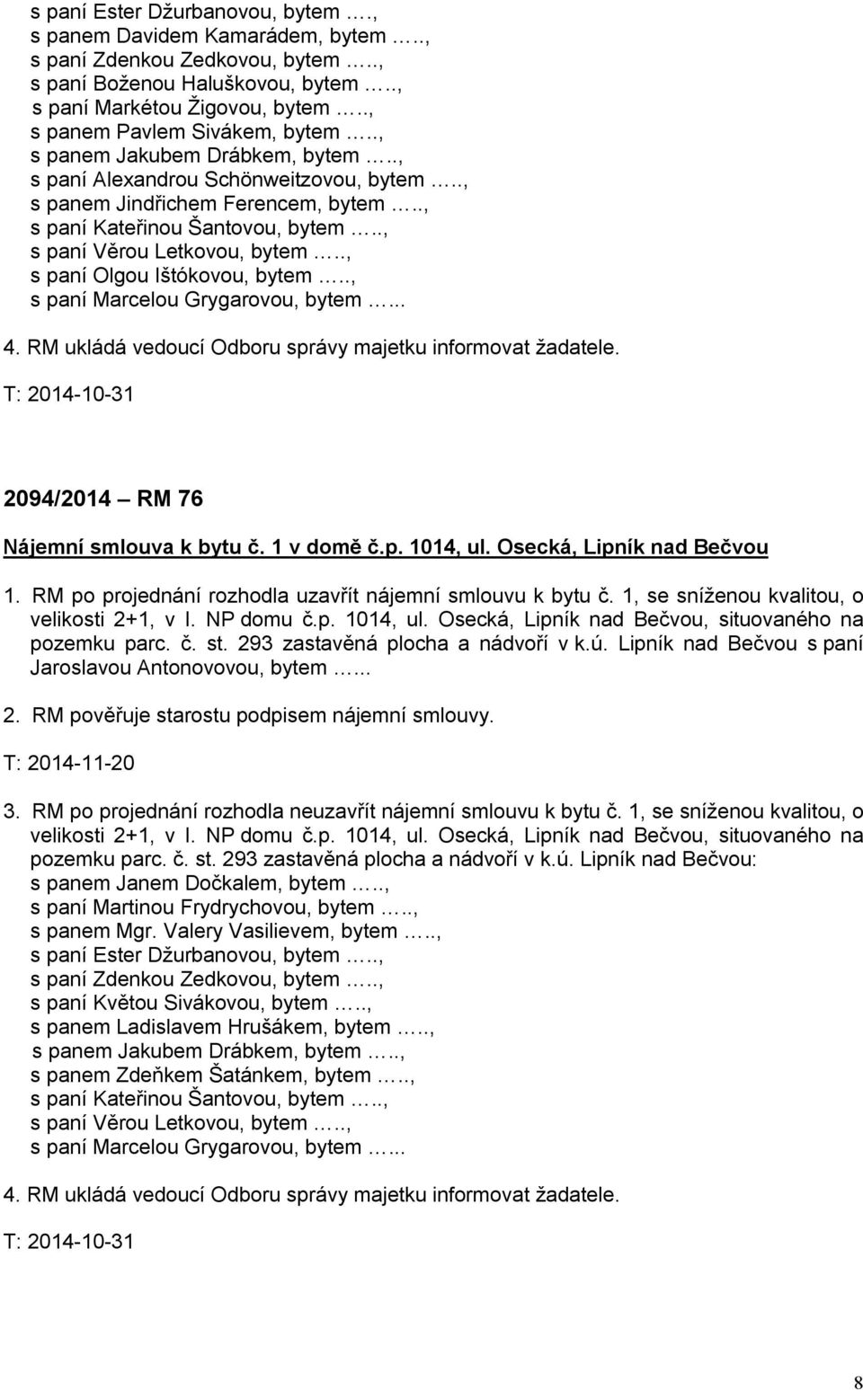 ., s paní Věrou Letkovou, bytem.., s paní Olgou Ištókovou, bytem.., s paní Marcelou Grygarovou, bytem... 4. RM ukládá vedoucí Odboru správy majetku informovat žadatele.