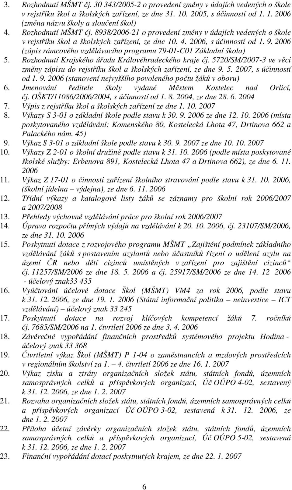 2006 (zápis rámcového vzdělávacího programu 79-01-C01 Základní škola) 5. Rozhodnutí Krajského úřadu Královéhradeckého kraje čj.