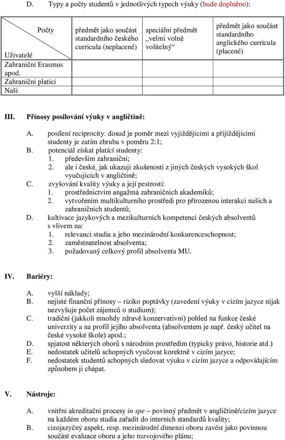Přínosy posilování výuky v angličtině: A. posílení reciprocity: dosud je poměr mezi vyjíždějícími a přijíždějícími studenty je zatím zhruba v poměru 2:1; B. potenciál získat platící studenty: 1.