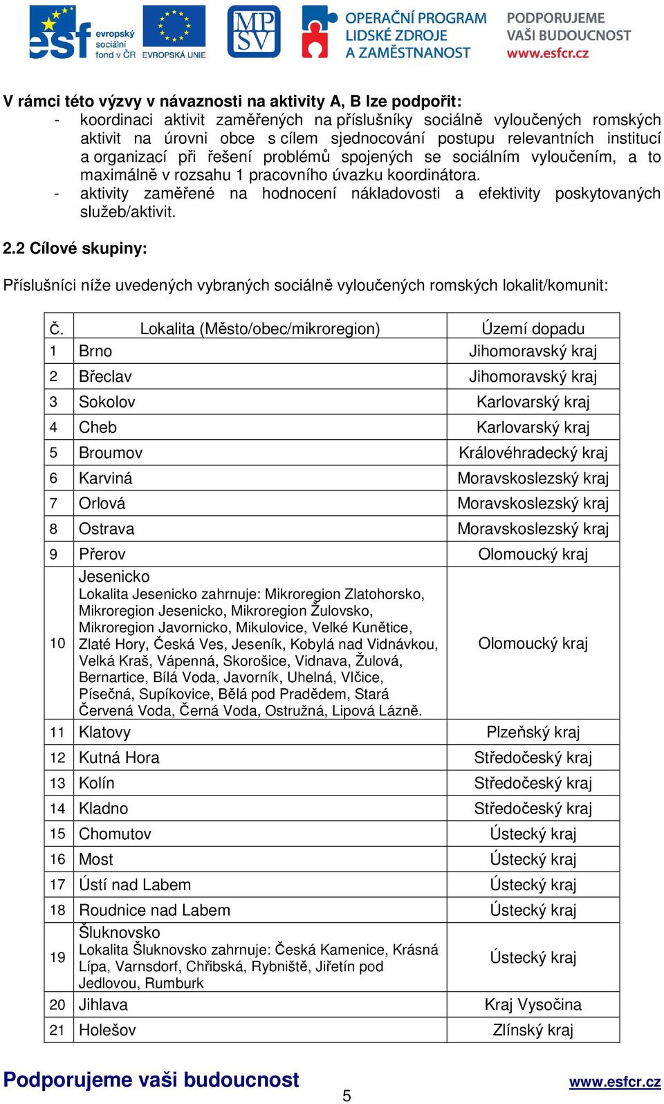 - aktivity zaměřené na hodnocení nákladovosti a efektivity poskytovaných služeb/aktivit. 2.2 Cílové skupiny: Příslušníci níže uvedených vybraných sociálně vyloučených romských lokalit/komunit: Č.