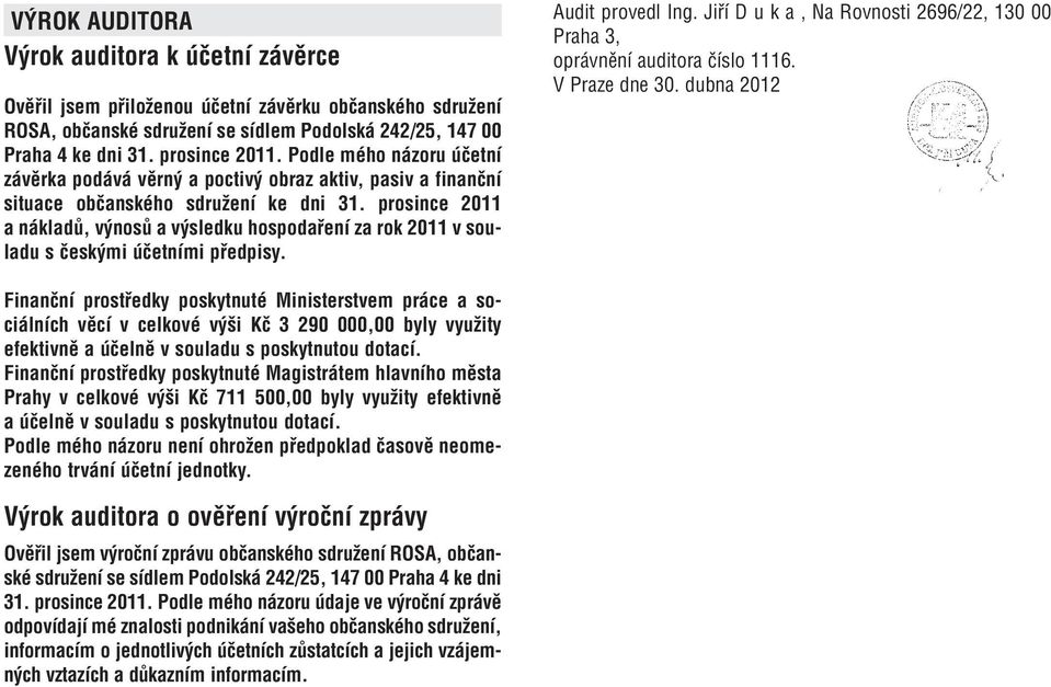 prosince 2011 a nákladů, výnosů a výsledku hospodaření za rok 2011 v souladu s českými účetními předpisy. Audit provedl Ing.