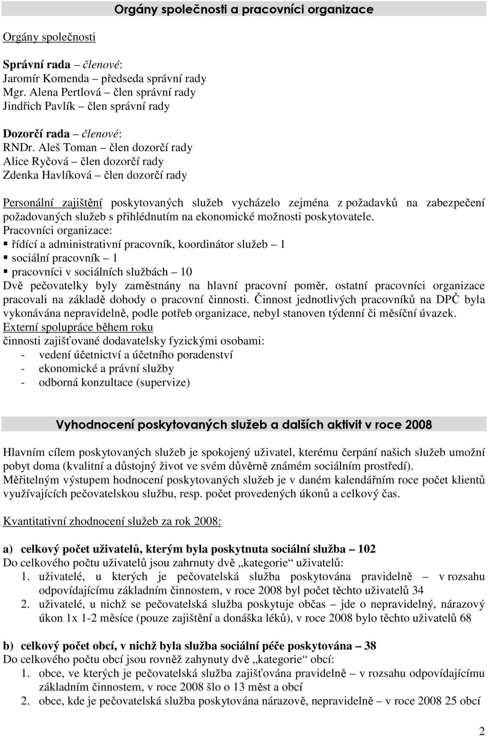 Aleš Toman člen dozorčí rady Alice Ryčová člen dozorčí rady Zdenka Havlíková člen dozorčí rady Personální zajištění poskytovaných služeb vycházelo zejména z požadavků na zabezpečení požadovaných